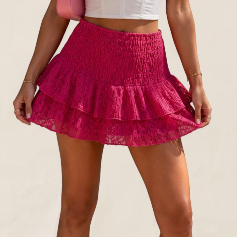 Saylor pink lilo coquette fairycore lace ruffle mini skirt size small smocked